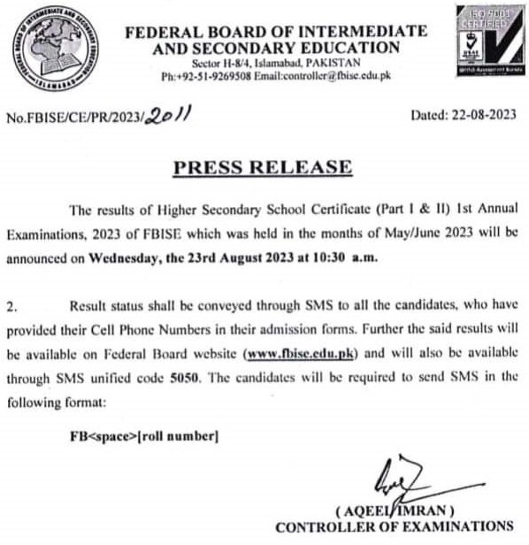 Federal Board HSSC part 1 result 2023 notification